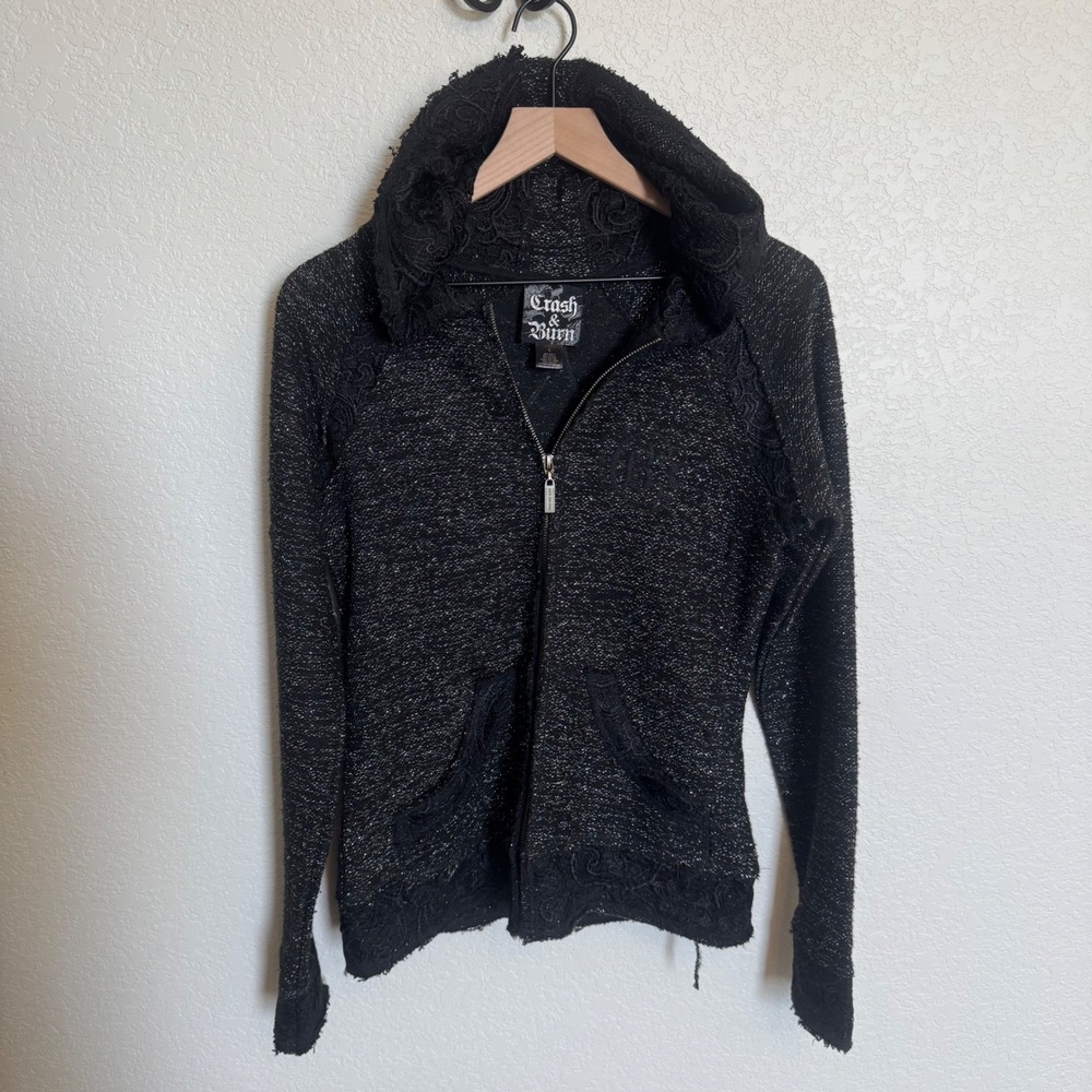Grunge Fairycore Metallic Lace Western, Crash & Burn Hoodie, Large, Black Silver